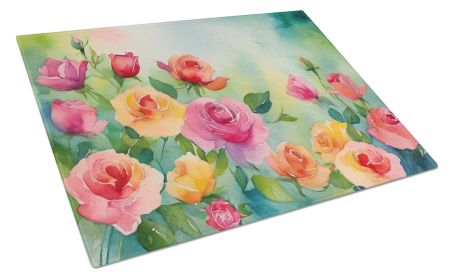 NEW Roses in Watercolor Glass Cutting Board Decorative Tempered Glass Kitchen Cutting and Serving Board Large Size Chopping Board (Default: Default)